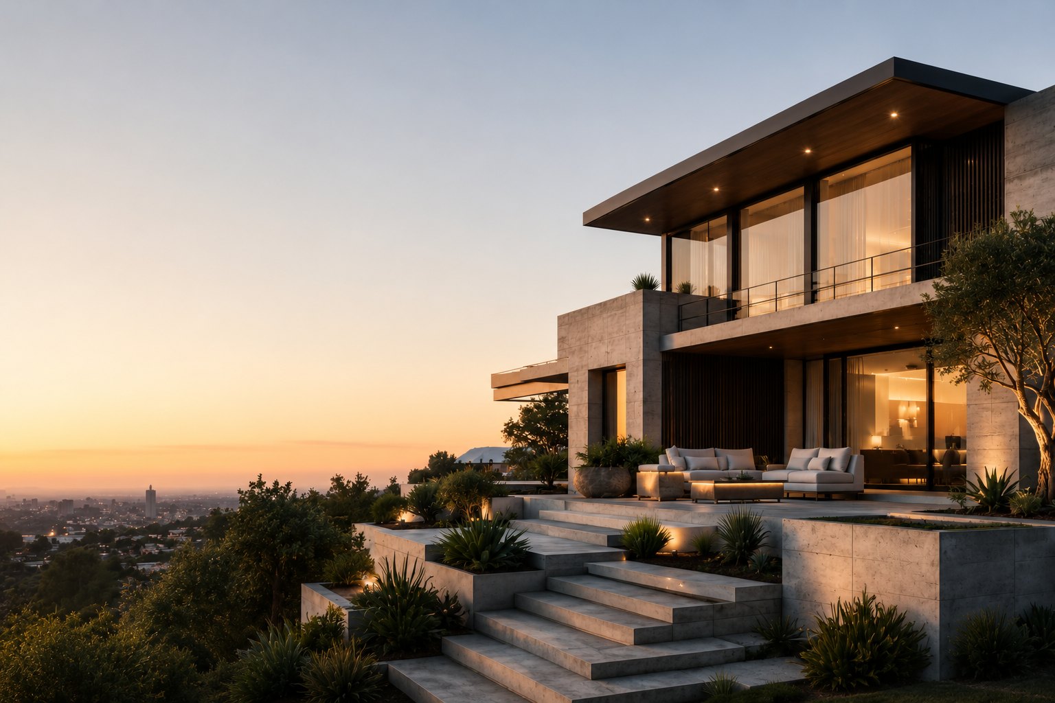 Modern hillside home glowing at dusk